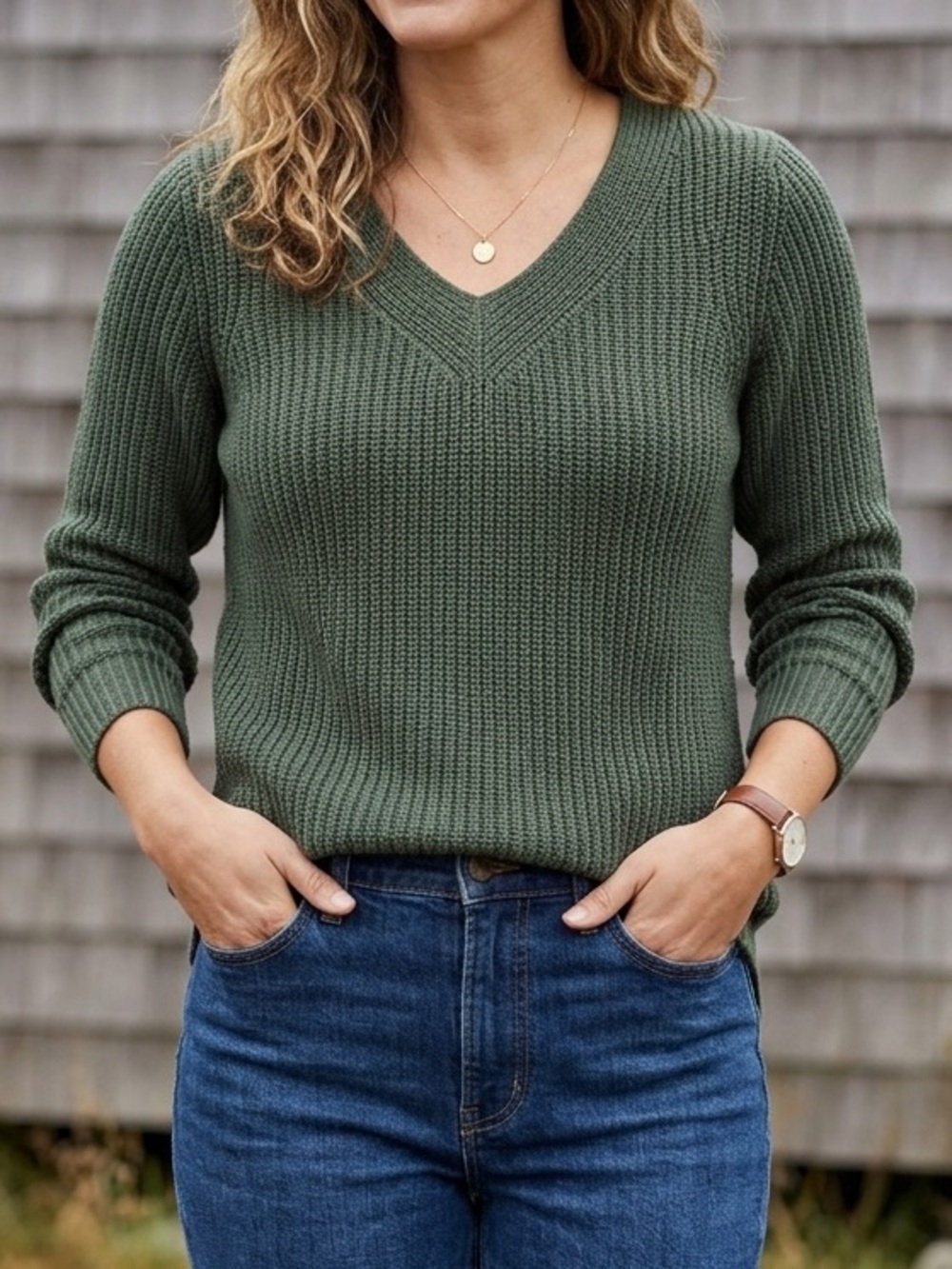 L.L. Bean Women's Olive Green V-Neck Rib Knit Sweater Size Medium